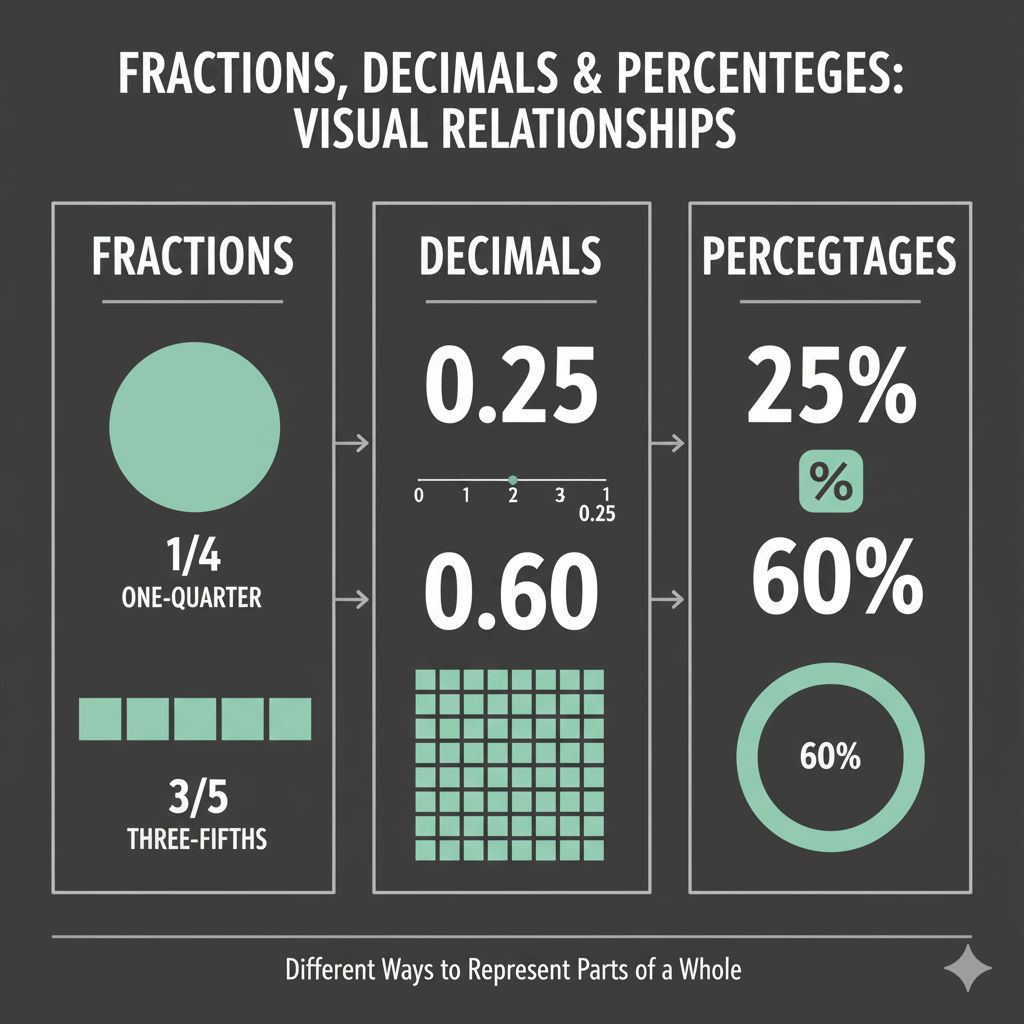 Infographic showing the relationship between fractions, decimals, and percentages with visual examples